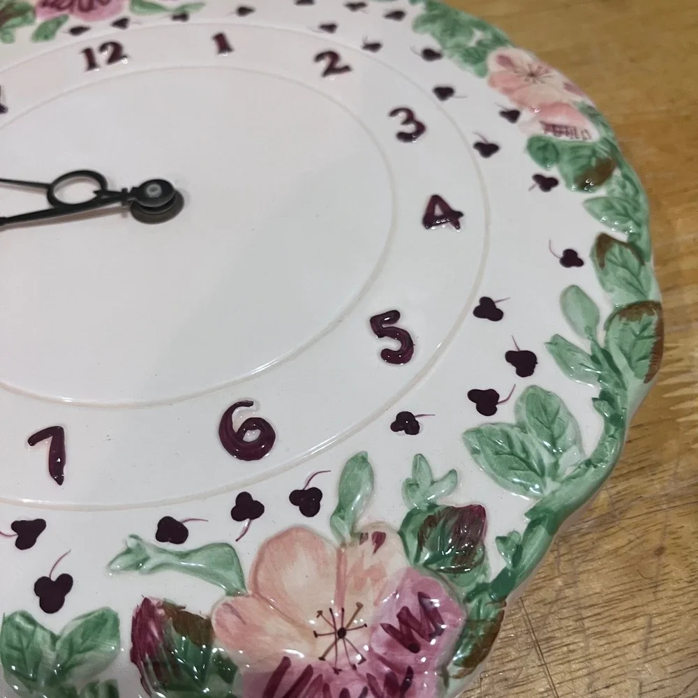Laura Ashley Ceramic Floral Wall Clock Pink Purple White Embossed‎ 10.5 Inch
